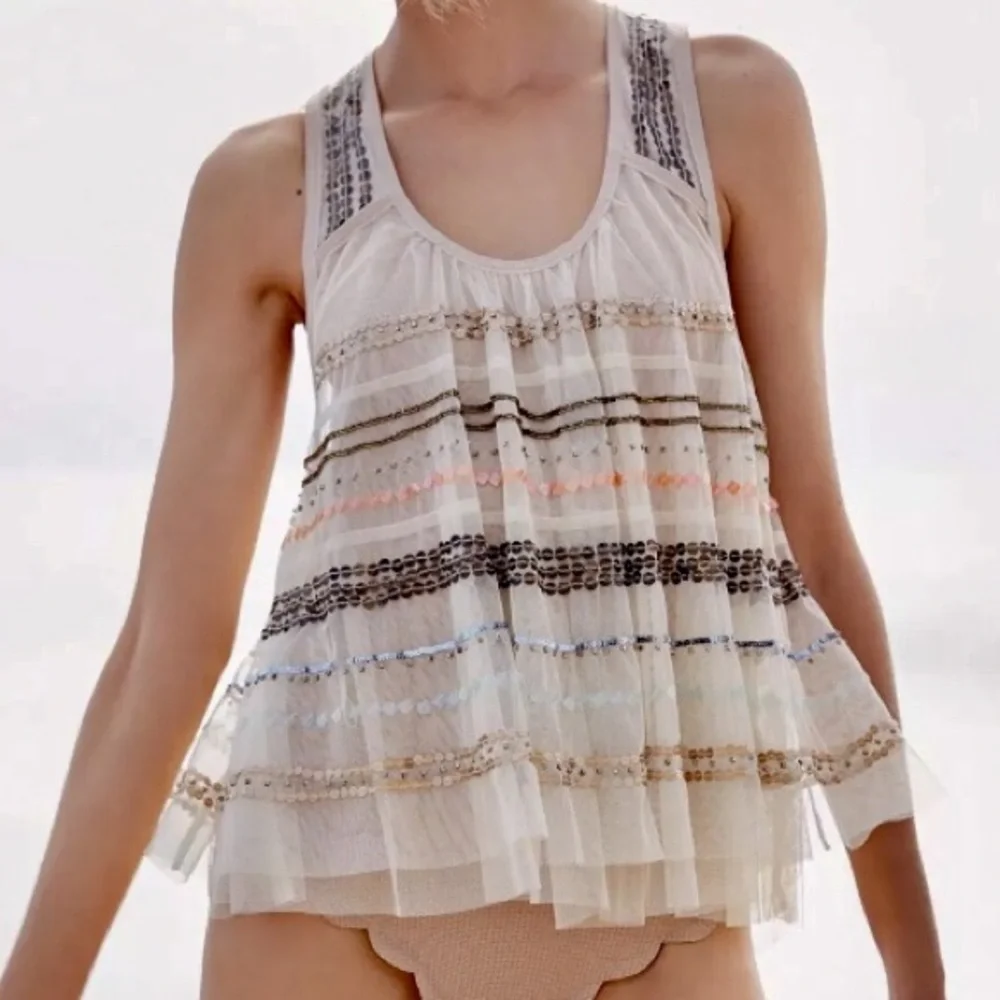 New Free People Mercury XS Ivory Gold Sheer Sequin Sleeveless Swing Racerback